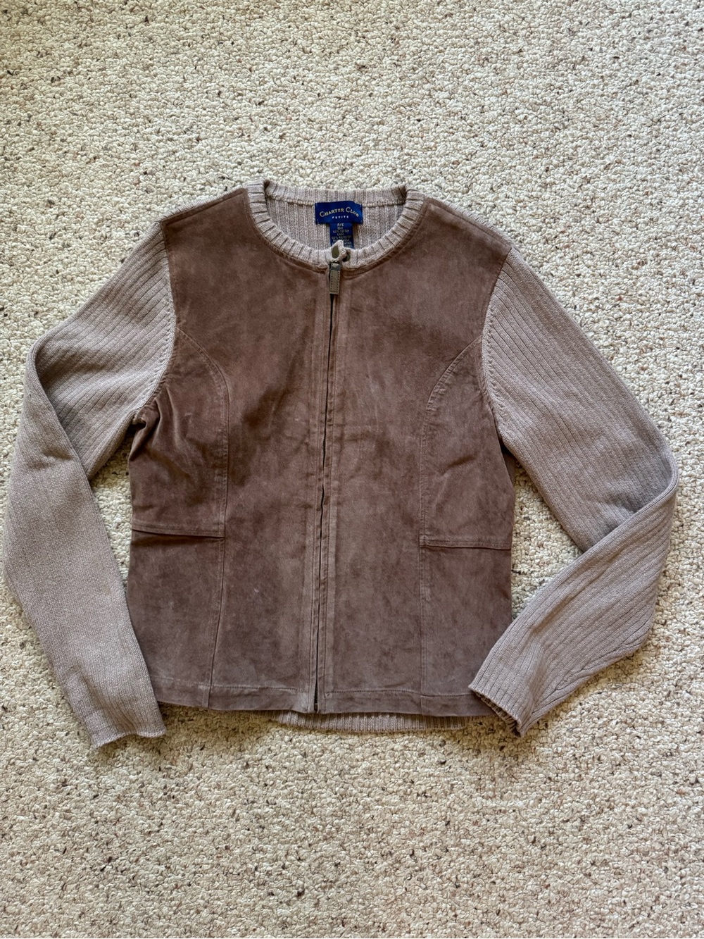 Charter Club Women's Brown Suede & Knit Zip-Front Jacket